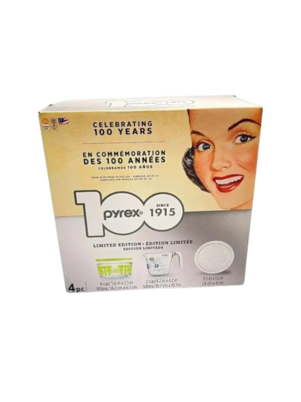 Pyrex Set 100th Anniversary 4 pc Polka Dot Green Bowl Measure Pie Plate 2015 New